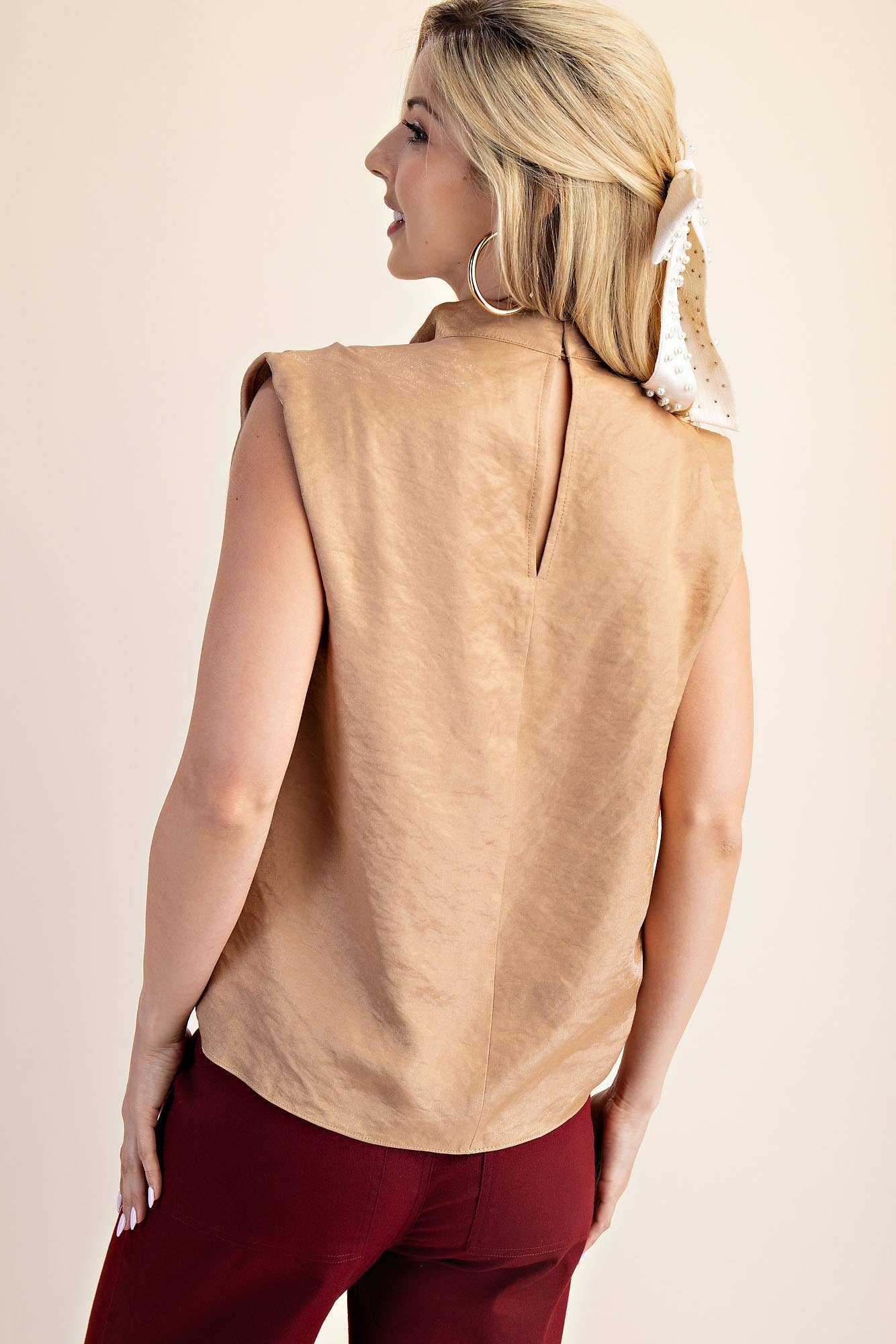 Cowl Neck Pleats Sleeveless Top