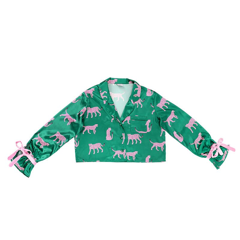 Ruffled PJ Set with Velvet Ties - Green + Cheetahs