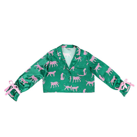 Ruffled PJ Set with Velvet Ties - Green + Cheetahs