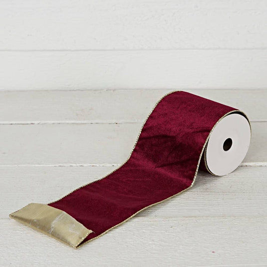 R32981-Wired Ribbon-Burgundy Velvet w. Gold back (4inW)