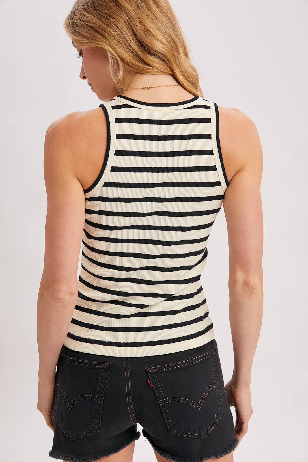STRIPE RIBBED CREW NECK TANK TOP