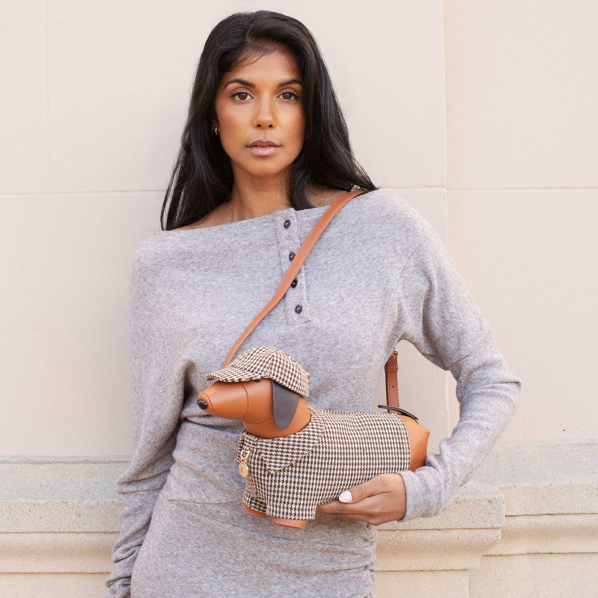 Dog Houndstooth Vegan Leather Crossbody Bag