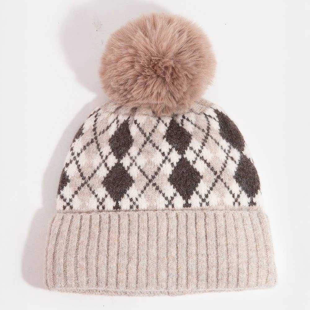 Argyle Knit Pom Beanie