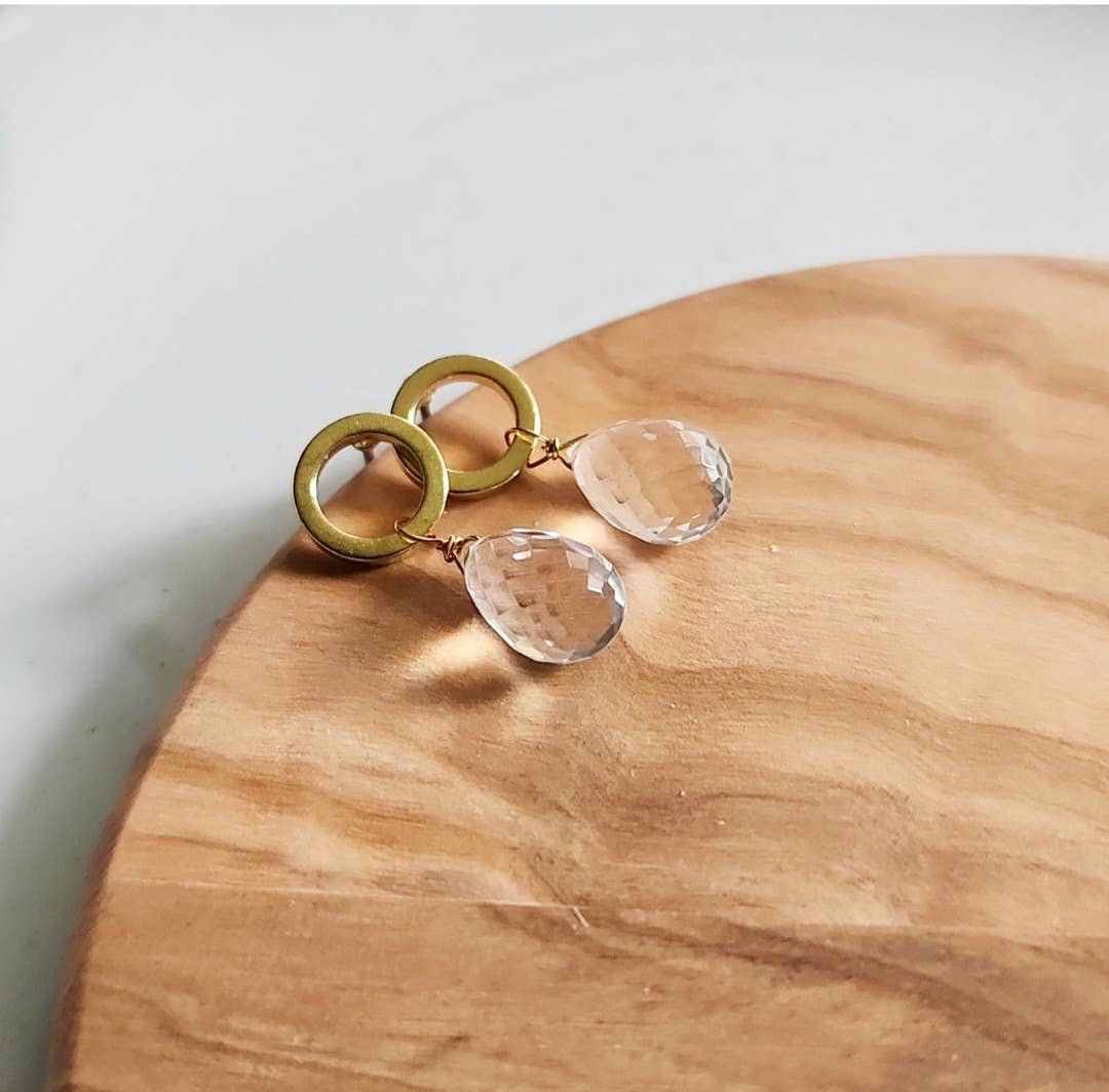 Sparkling Quartz Briolette and Brass Circle Post Earrings