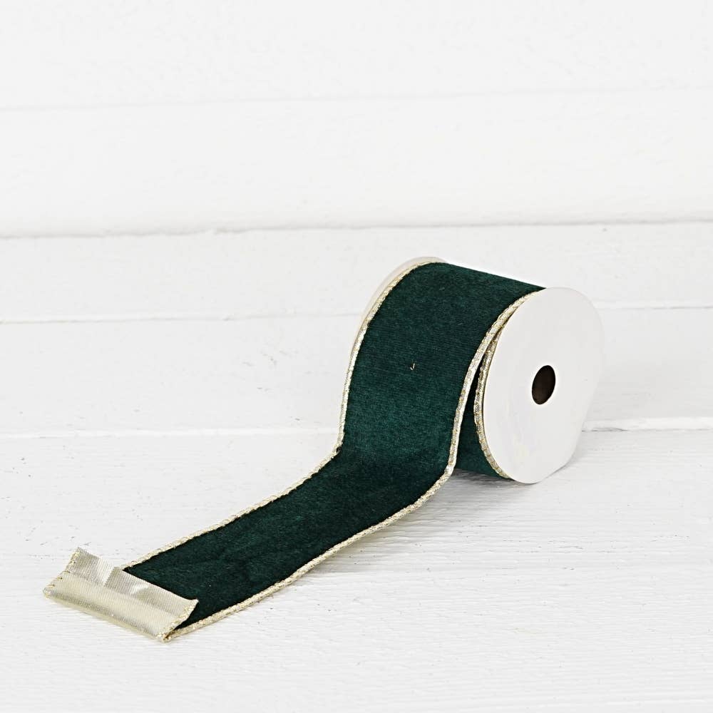Wired Ribbon-Green hard velvet w. Gold Back (2.5inW)