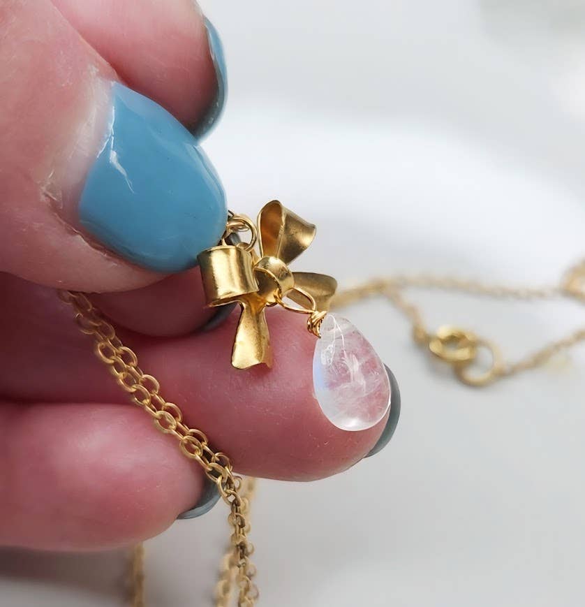 Rainbow Moonstone and Brass Bow Charm Matching Jewelry Set