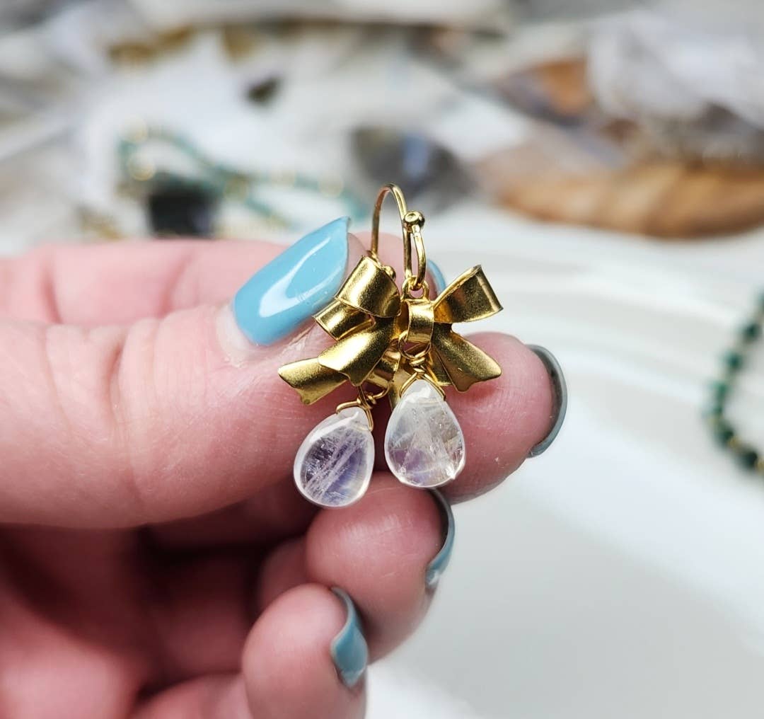 Rainbow Moonstone and Brass Bow Charm Matching Jewelry Set