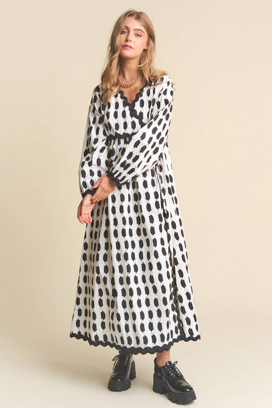 Spots Pattern Wavey Trim Midi Dress
