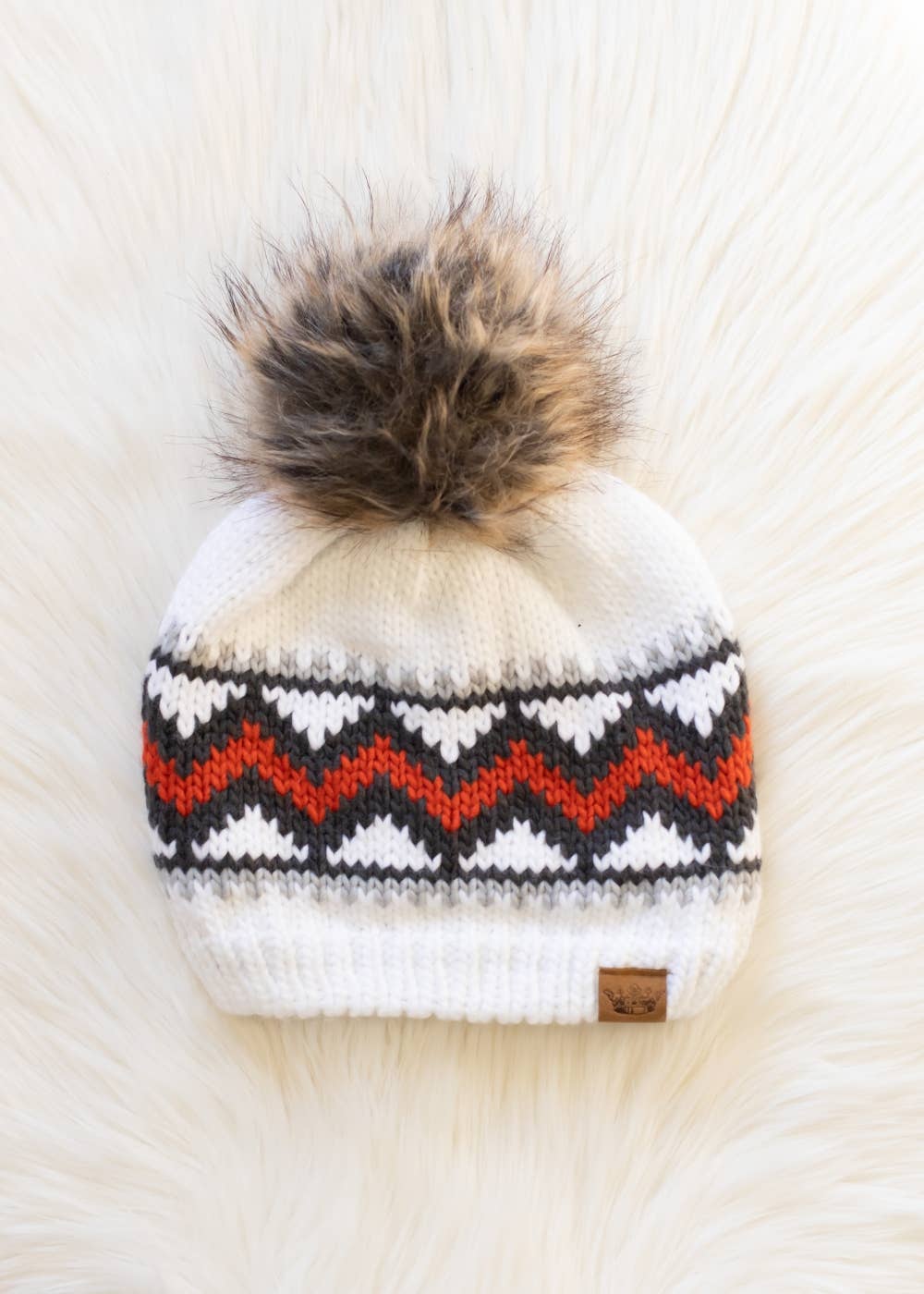 White, Red & Gray Patterned Pom Hat