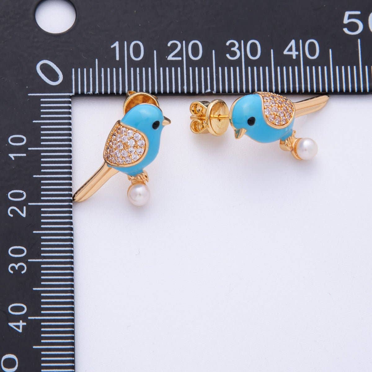 Blue Enamel Micro Paved CZ Parrot Bird Stud Earrings
