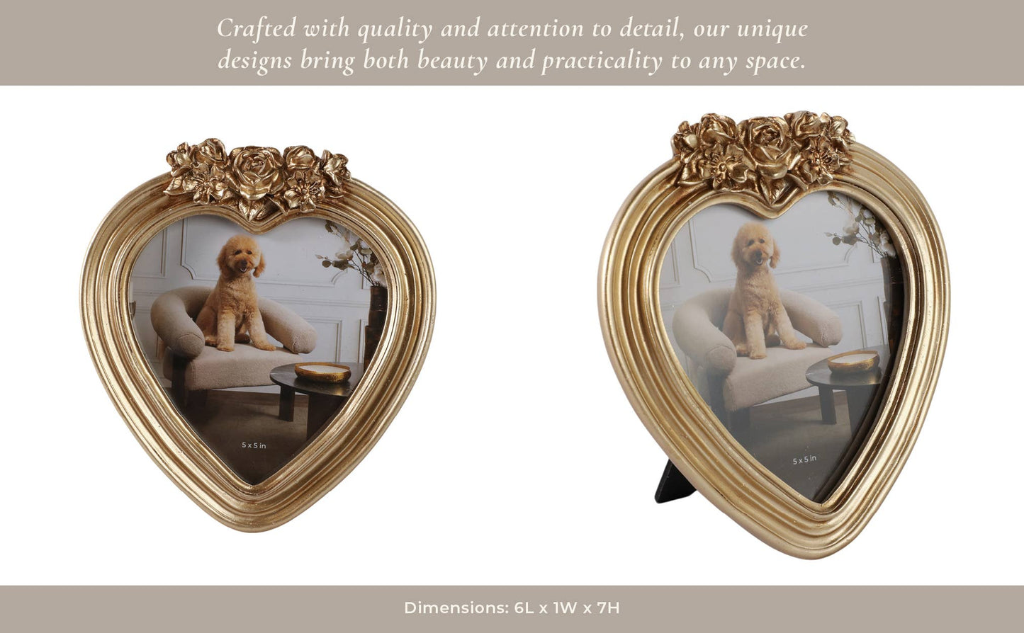 Photo Frame - Gold Polyresin Heart with Roses, 5x5 in.
