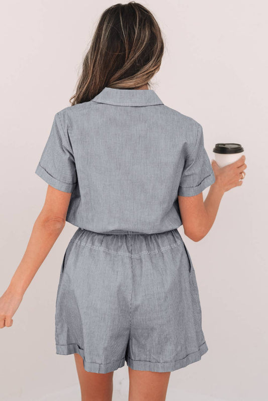Striped Buttoned Waist Belted Callared Romper | S-XL