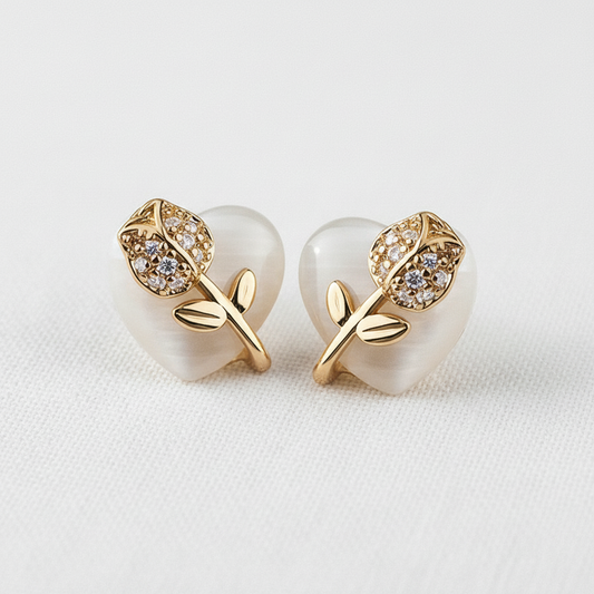 Vintage Tulip and Cat's Eye Heart Stud Earrings
