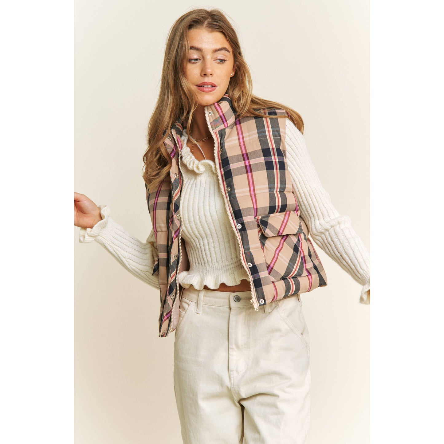 CROP PLAID HIGH NECK OPEN FRONT PUFFER VEST