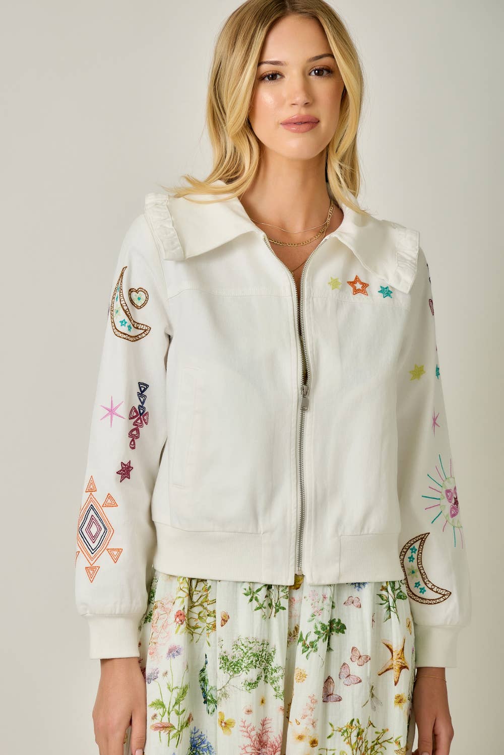 Embroidered Blouson Jacket with Star Detail - Vintage White