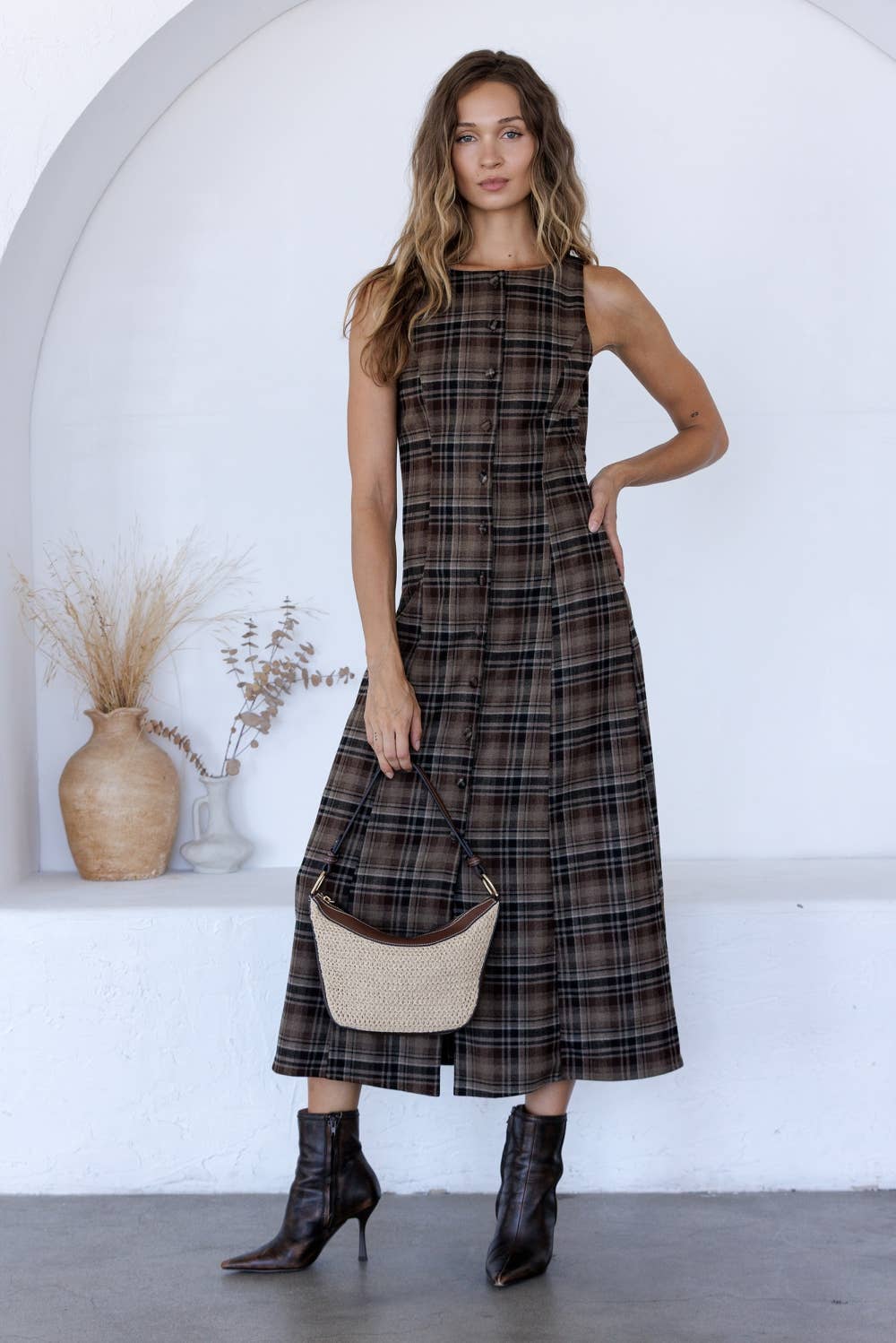 BROWN & BLACK PLAID BUTTON-FRONT MIDI DRESS