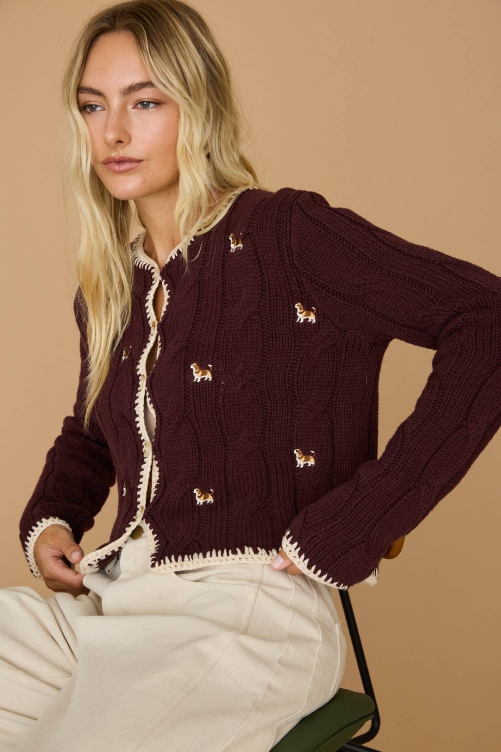 Embroidered Dog Cable Knit Cardigan Sweater Top