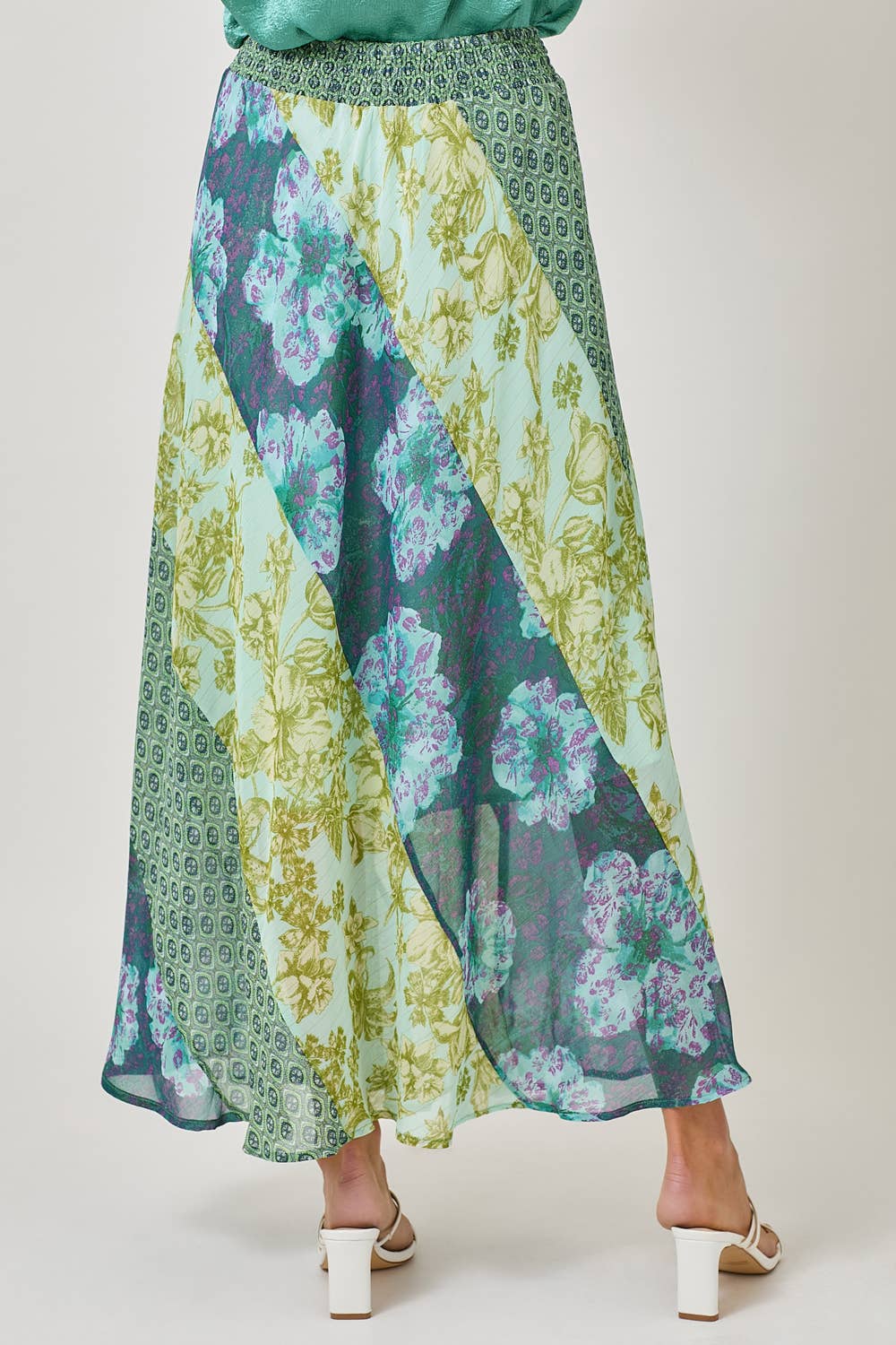 Mixed Print Flowy Midi Skirt - Green