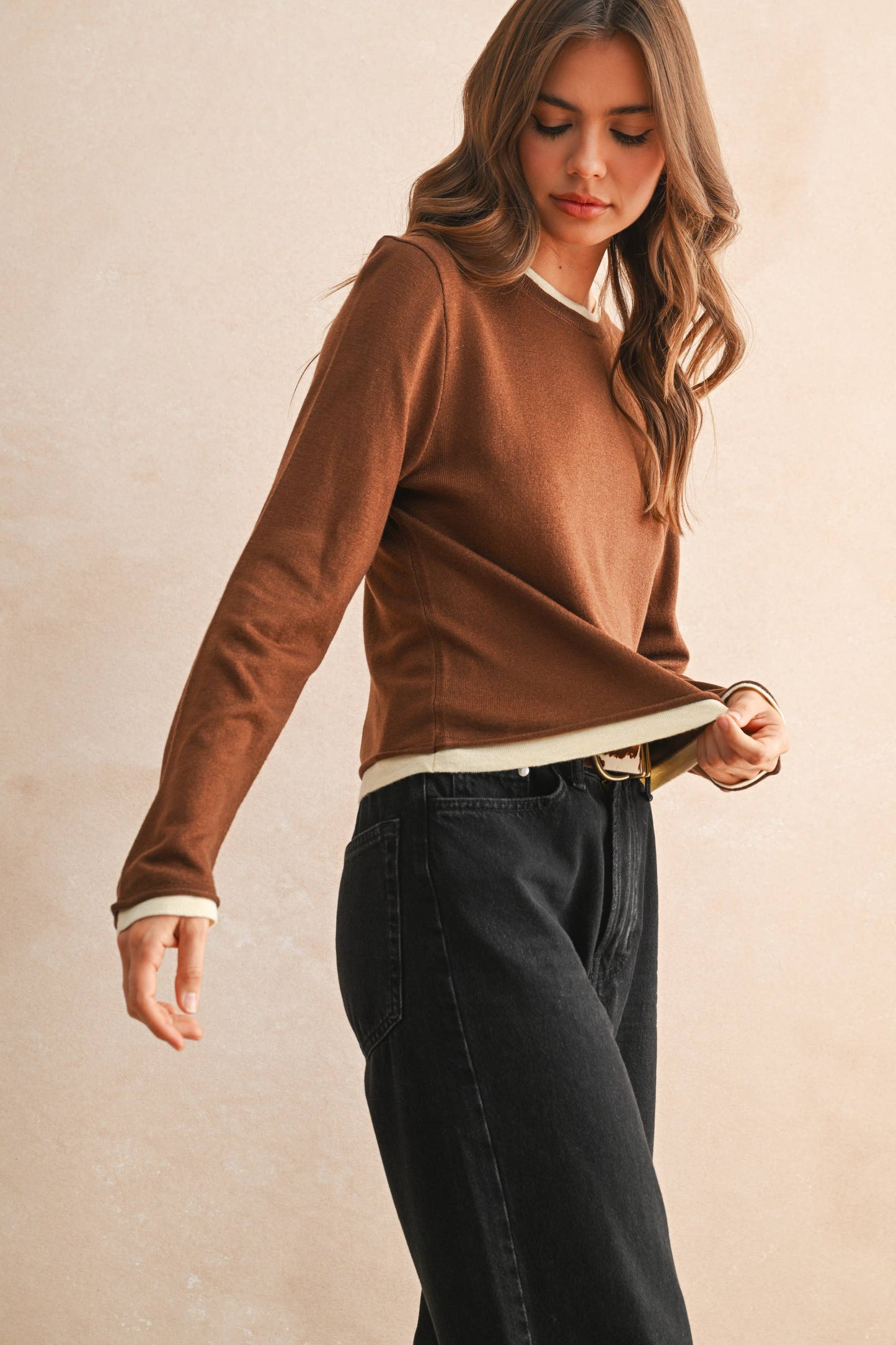 T5259   LONG SLEEVE LOOKS LATERED KNITTED TOP