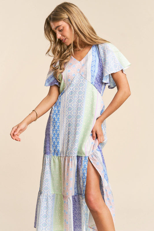 Patch-work V-neck Midi Dress
