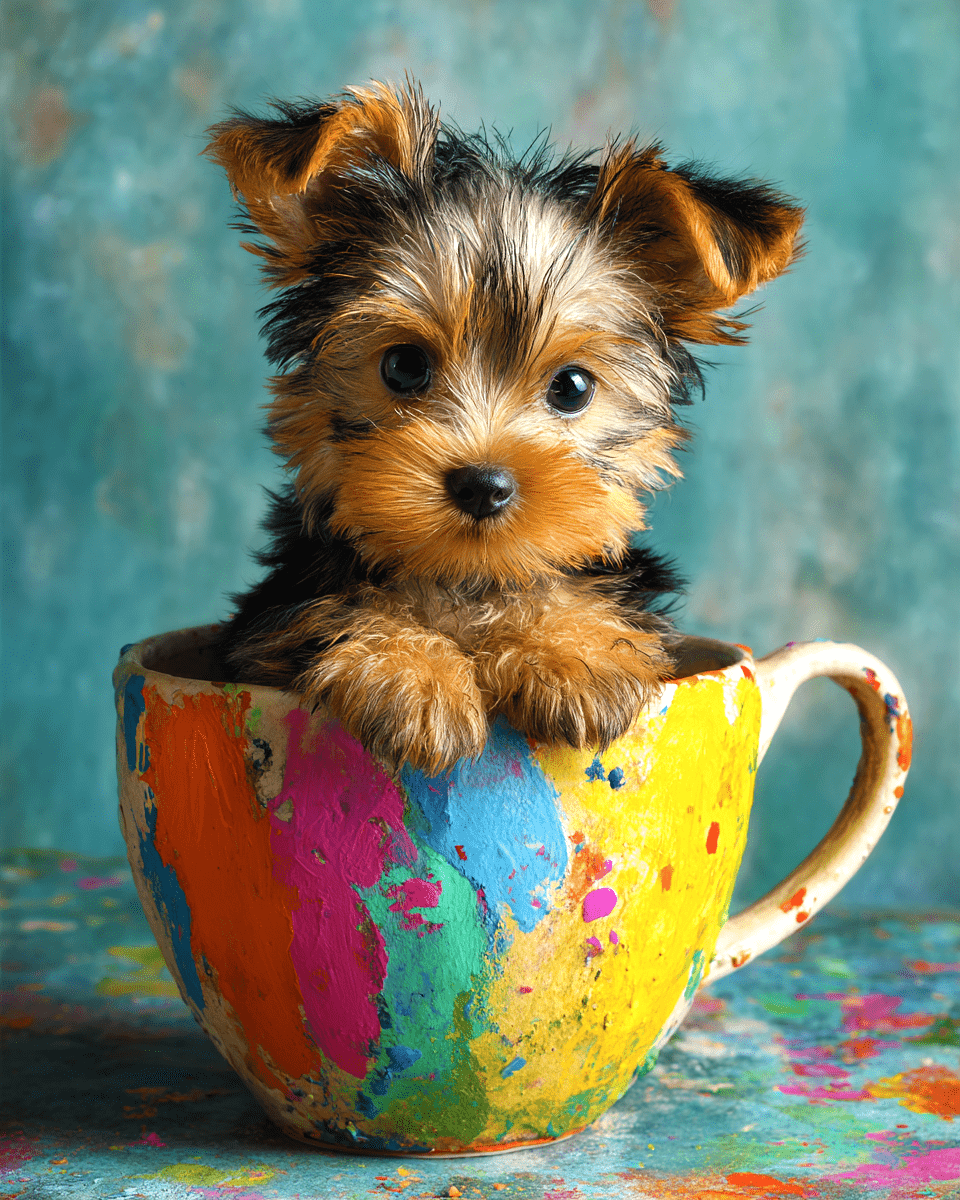 Mini Lil Yorkshire Terrier Puppy - Pup in a Cup - Art Print - 8"x10" Artwork