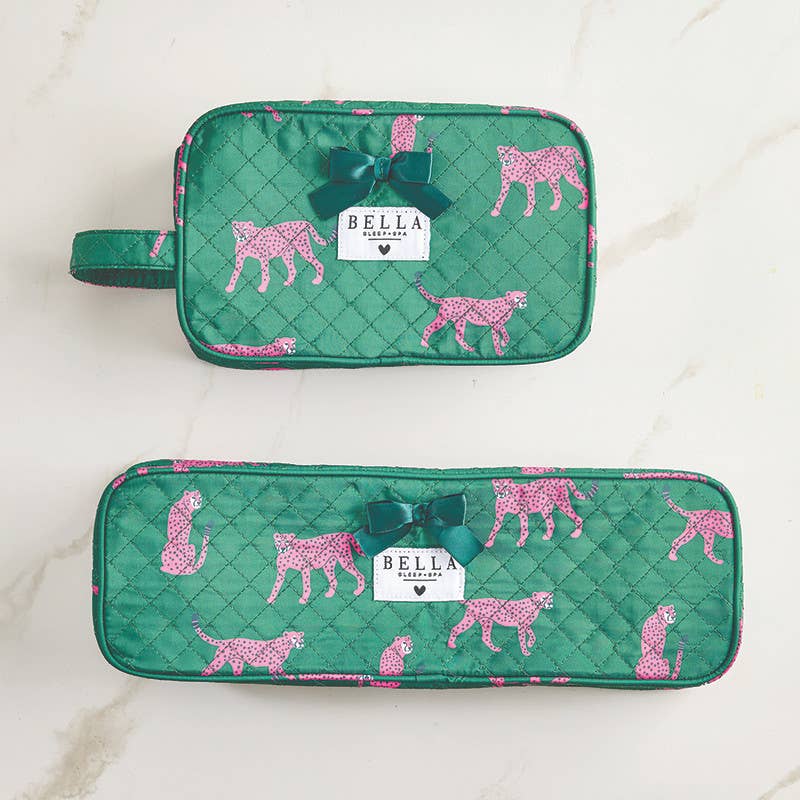 Quilted Cosmetic Bag - Green + Cheetahs