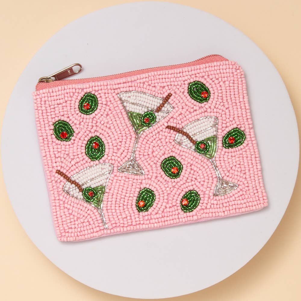 Olive Martinis Seed Beaded Zip Top Coin Bag