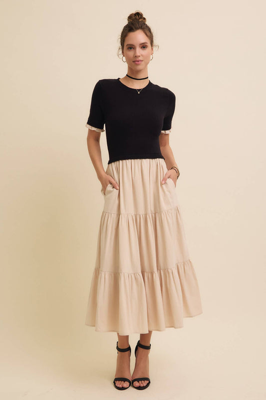 TIERED MIDI DRESS WITH SWEATER TOP AND WOVEN SKIRT