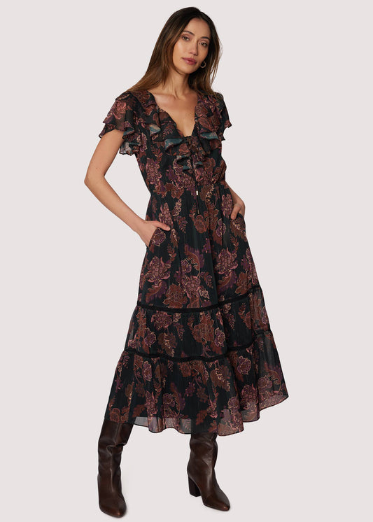 Whispers of Bohemia Midi Dress - Fall Floral V-Neck Ruffle