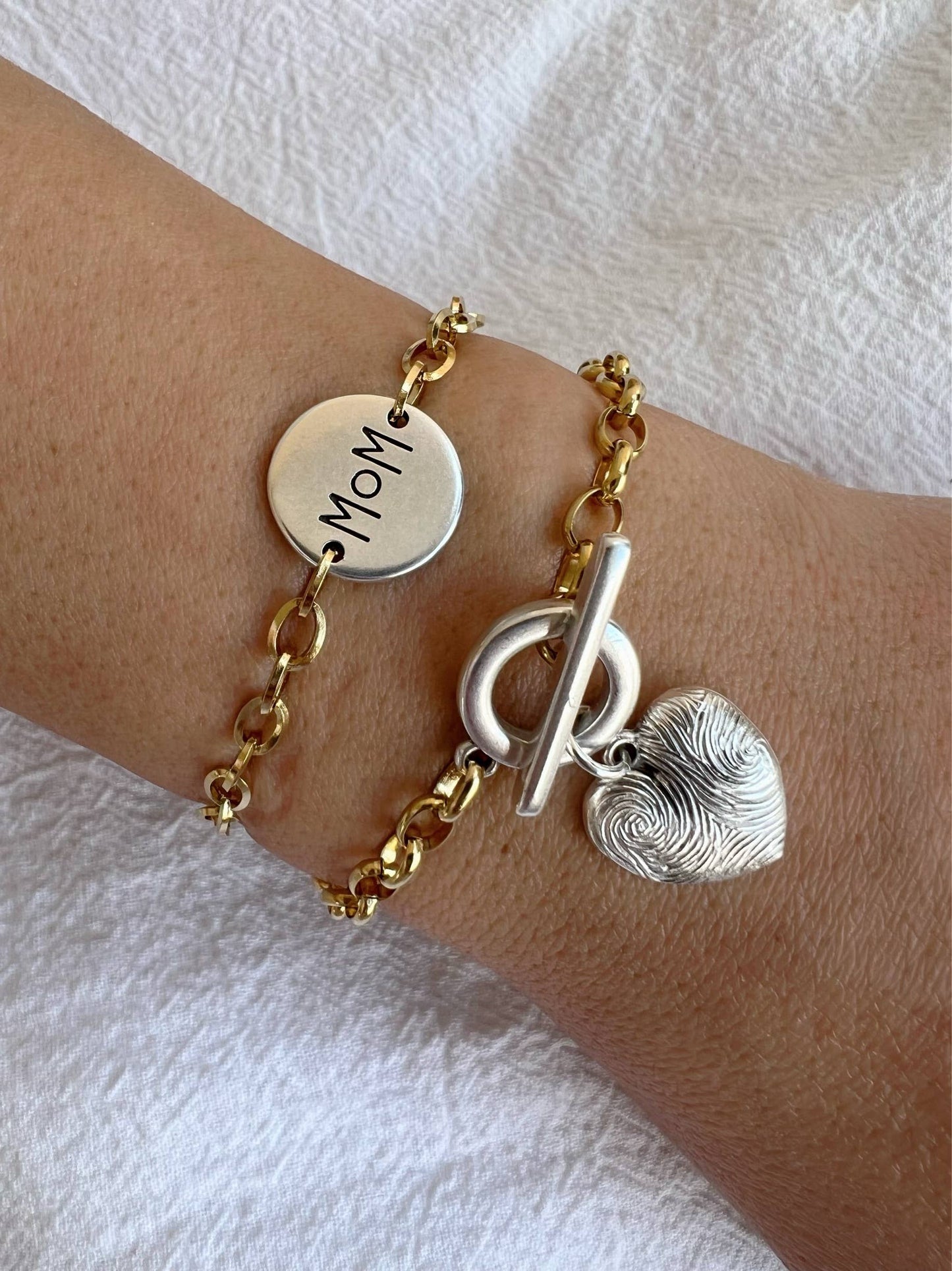 Gold Chain Bracelet with Silver Mom Charm, Heart Bracelet