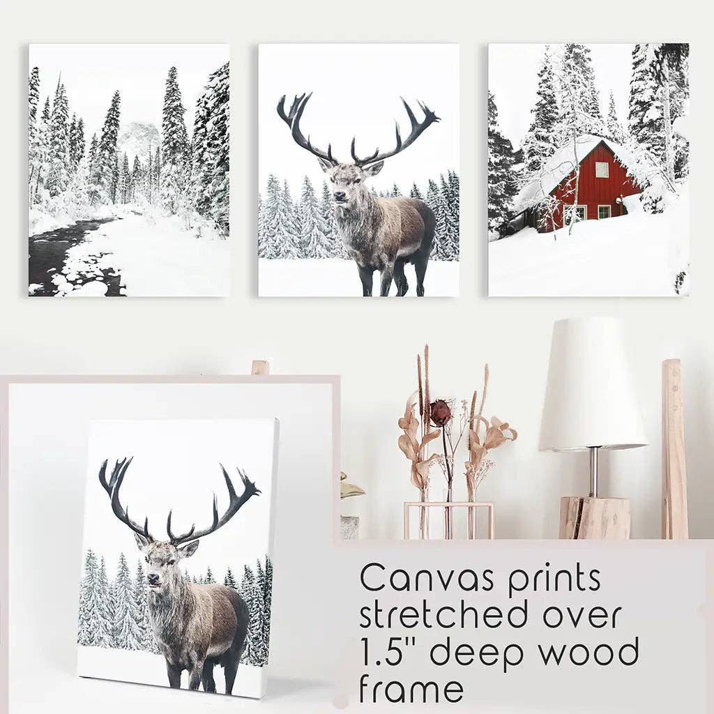 Winter Landscape Wall Art Print. Winter Red Log Cabin, Deer
