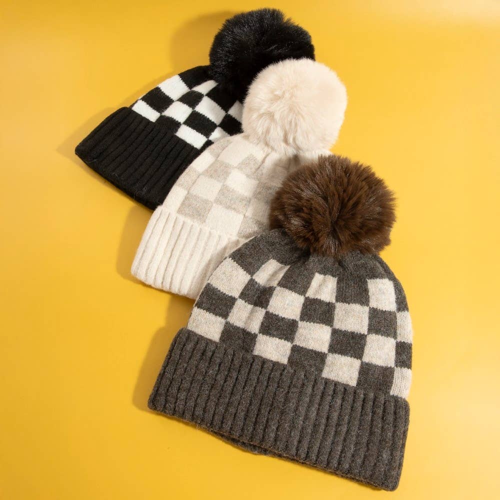 Checkered Pom Beanie