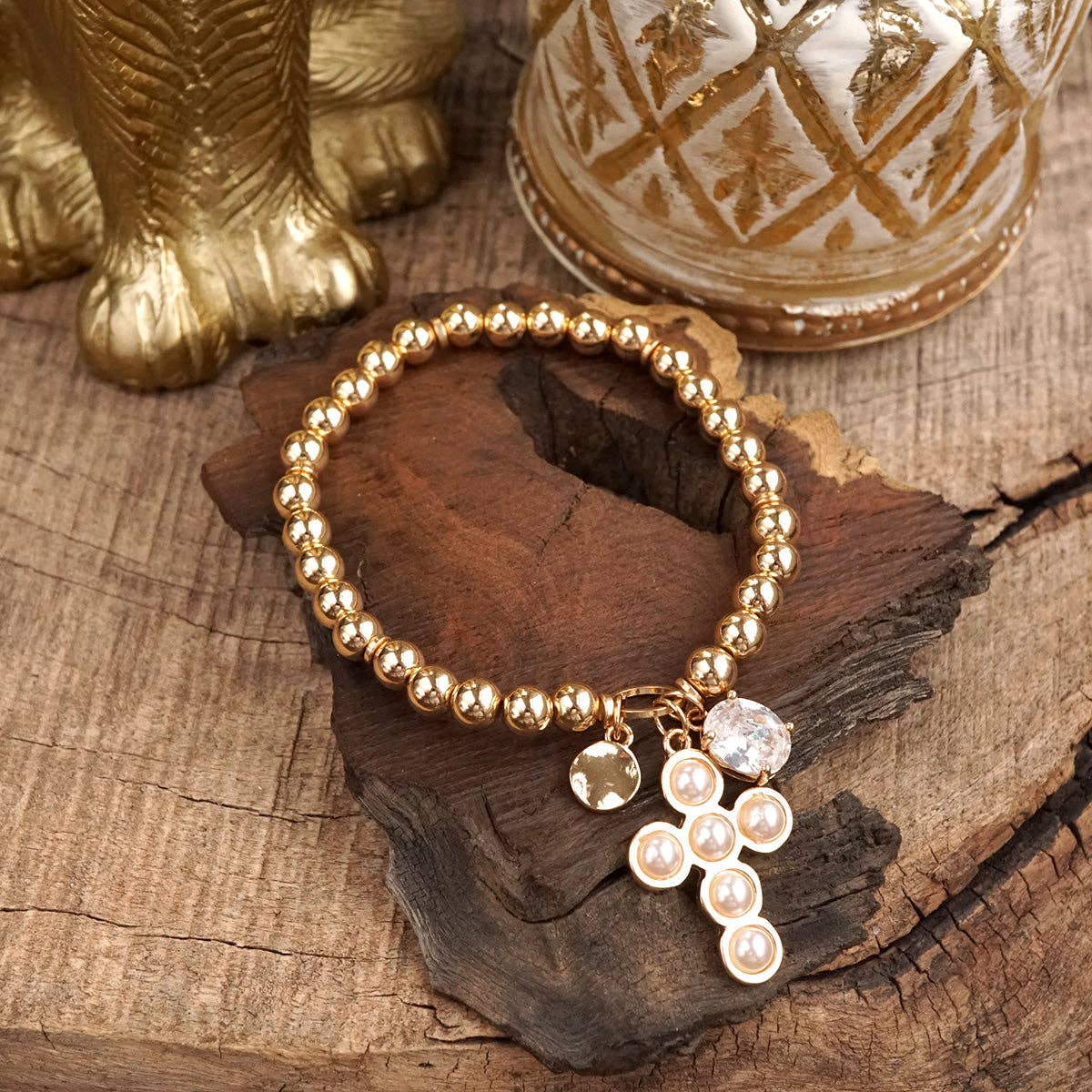 Golden Keepsakes Charm Cluster Stretch Bracelet with Beads and Stones