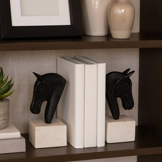 Bookends Set of 2 - White/Black Metal Horse Head, 7 in.