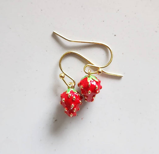 Strawberry Enamel and Brass Charm Dangle Earrings