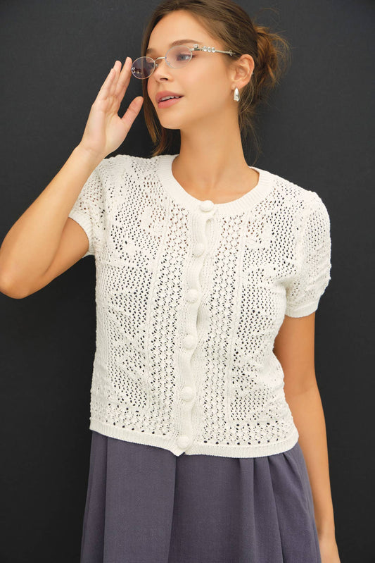 PATTERNED CROCHET SHORT SLEEVE CROP CARDIGAN