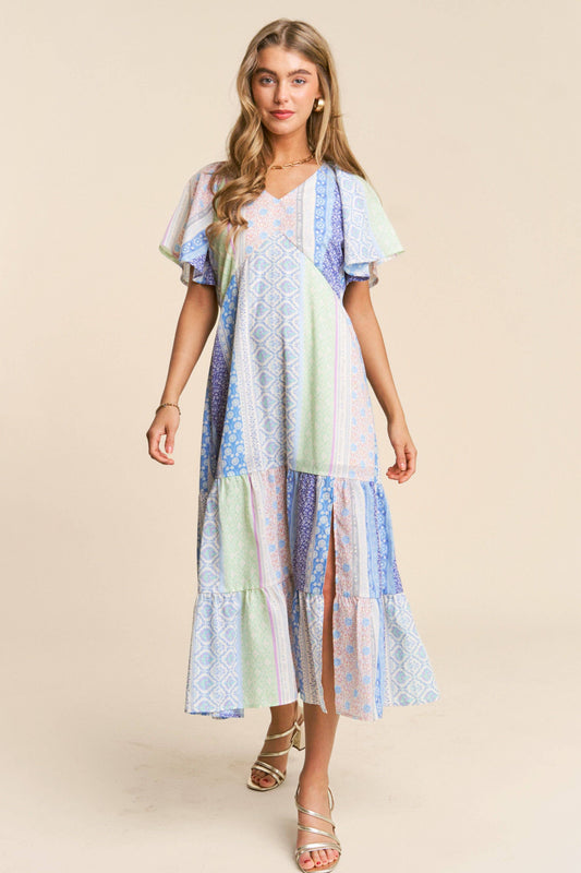 Patch-work V-neck Midi Dress