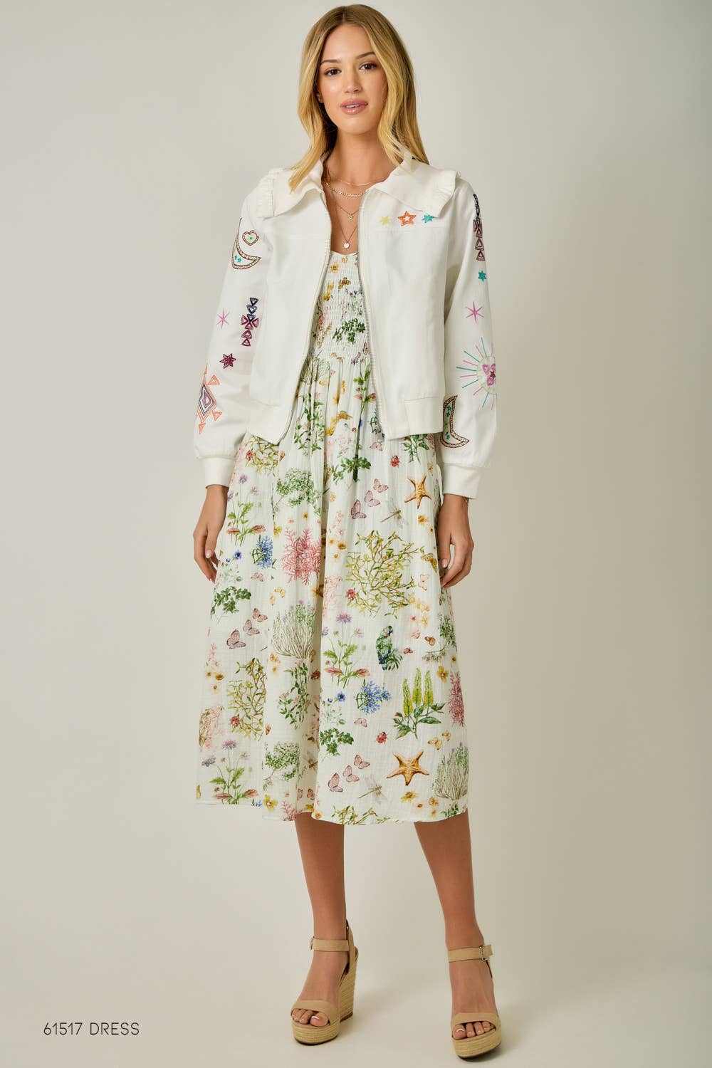 Embroidered Blouson Jacket with Star Detail - Vintage White