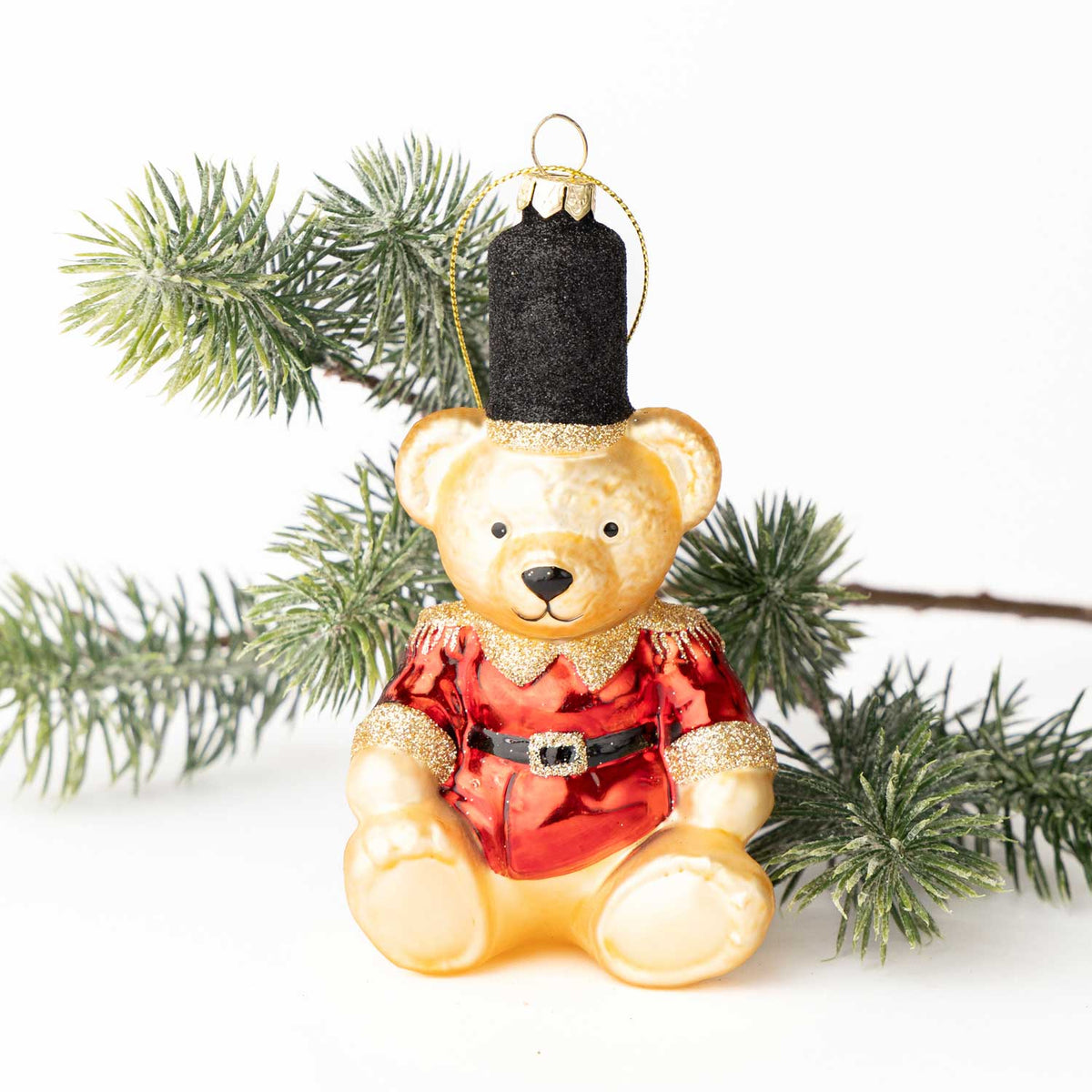 Red Jacket Teddy Bear Glass Christmas Ornament