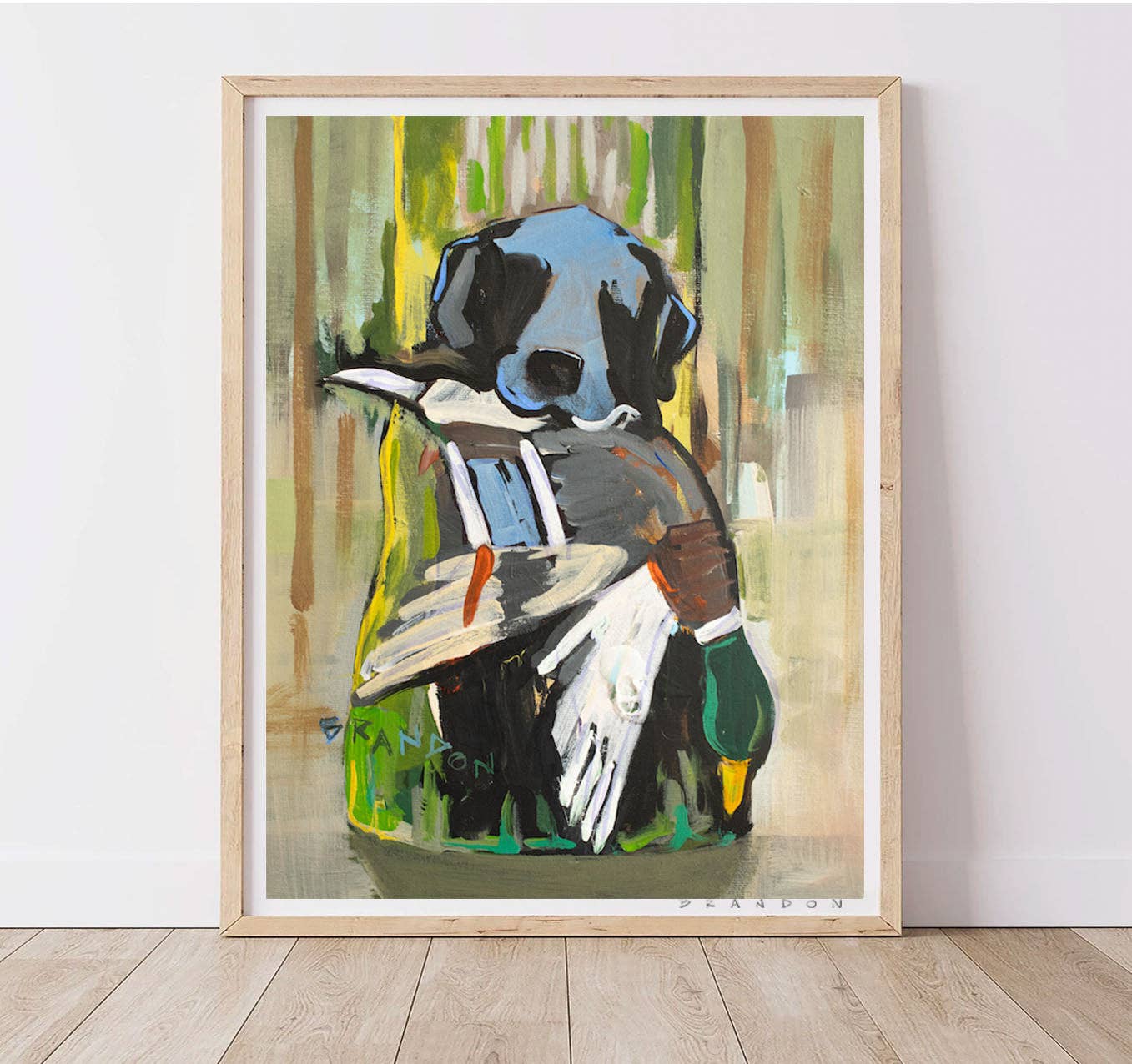 Black Lab on a Mossy Tree by Brandon Thomas Print with Gold Frame