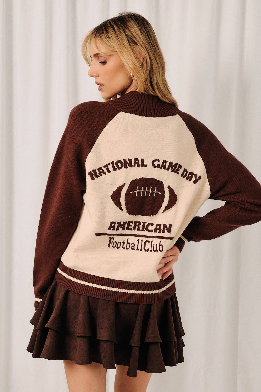 "NATIONAL GAME DAY" GRAPHIC BUTTON DOWN SWEATER CARDIGAN