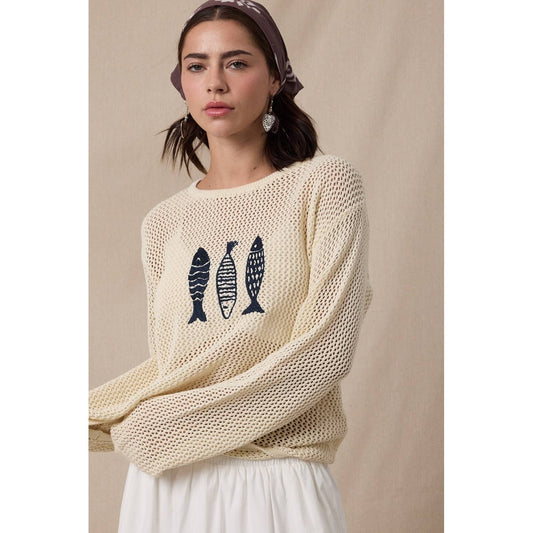 FISH TRIO OPEN-KNIT SWEATER