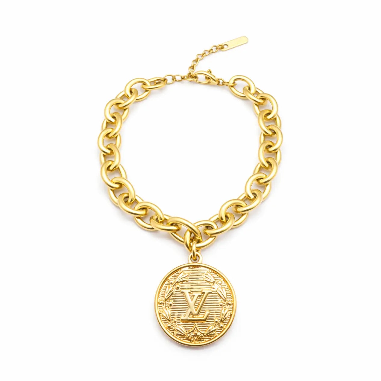 Gold chain bracelet with round LV charm and extender clasp