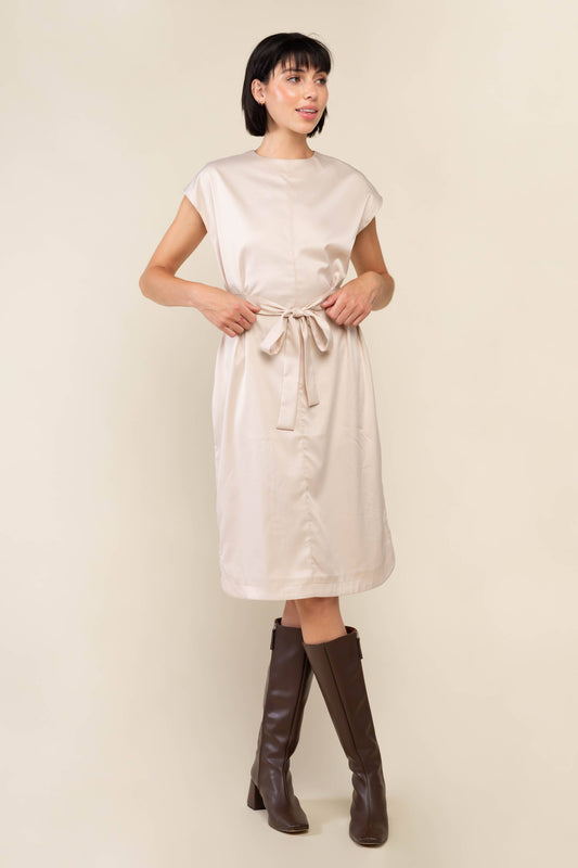 Beige Tie Waist Midi Dress