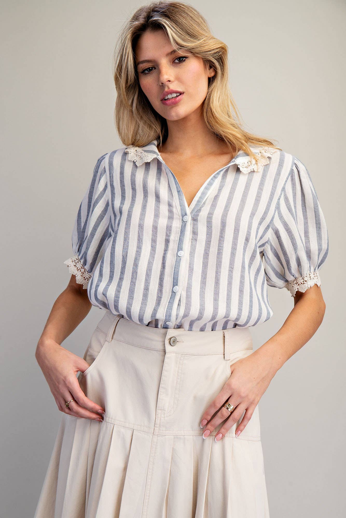 LACE TRIMMED STRIPED BUTTON DOWN SHIRT
