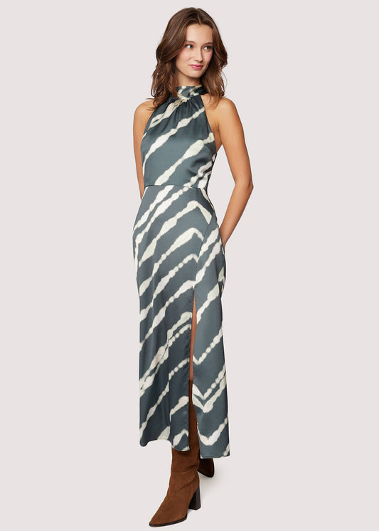 Serra Elisa Maxi Dress - Satin Fall Stripe Slit Halter Neck