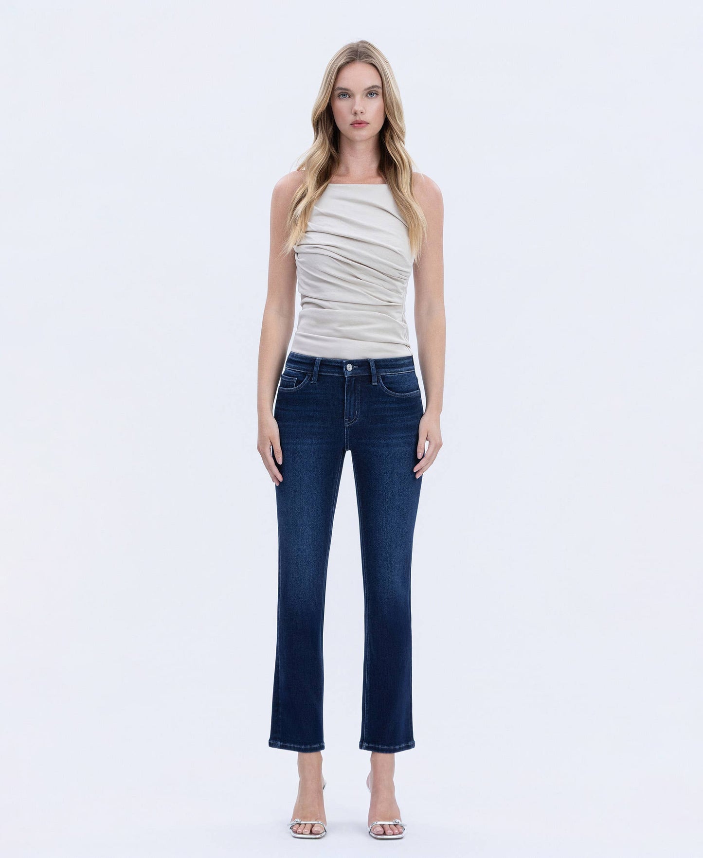MID RISE DARK WASH ANKLE SLIM STRAIGHT JEANS