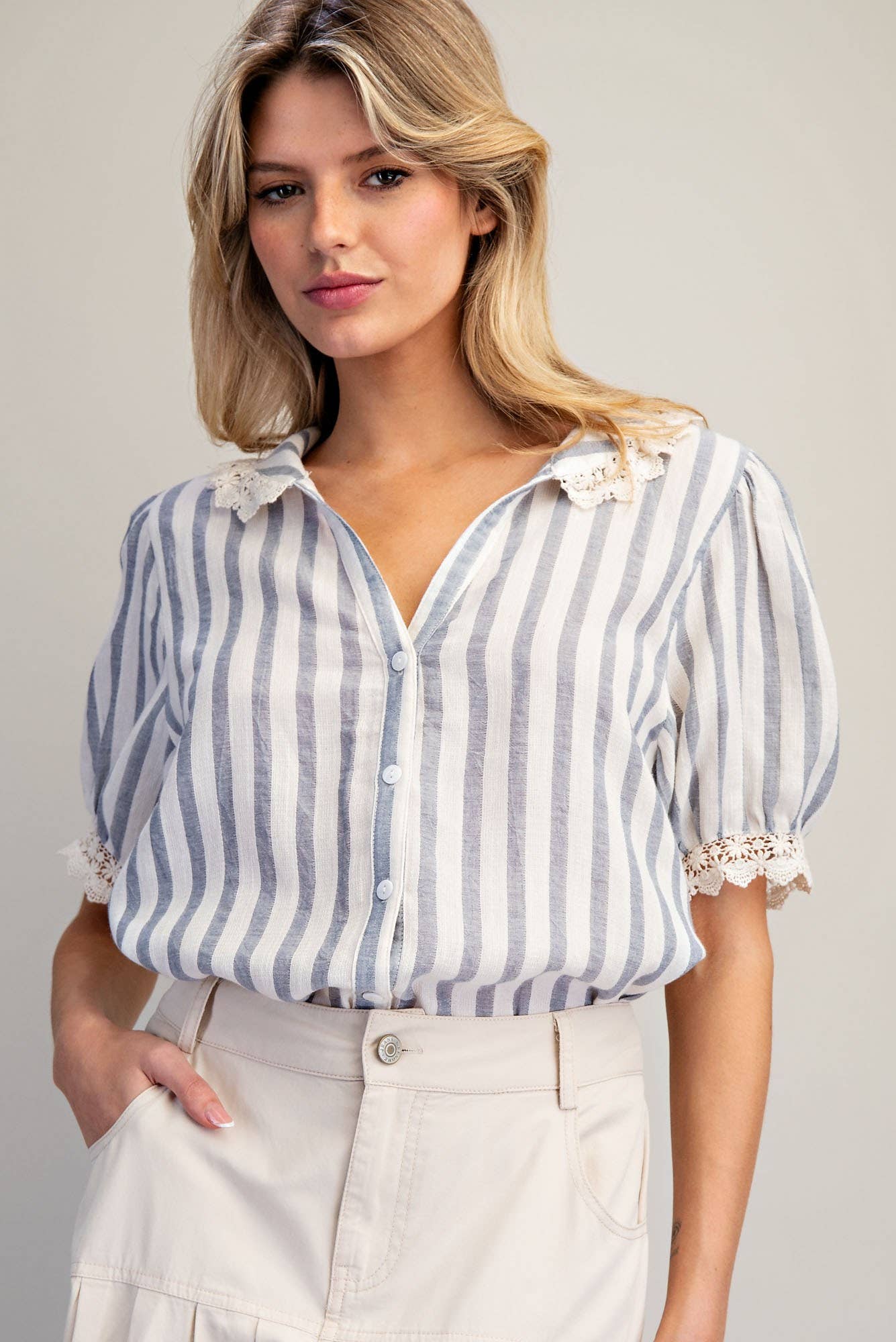 LACE TRIMMED STRIPED BUTTON DOWN SHIRT