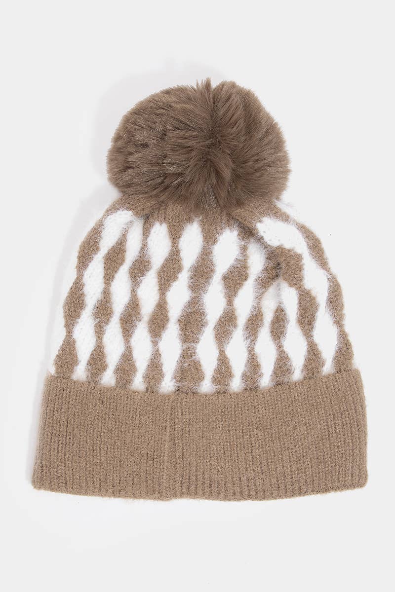 Abstract Diamond Stripe Knit Pom Pom Beanie