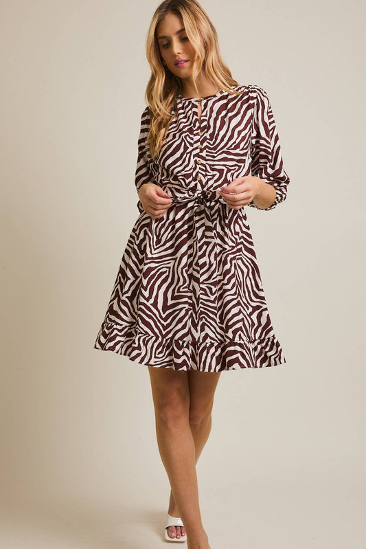 ROUND NECK 3/4 SLEEVE WAIST TIE ZEBRA DRESS